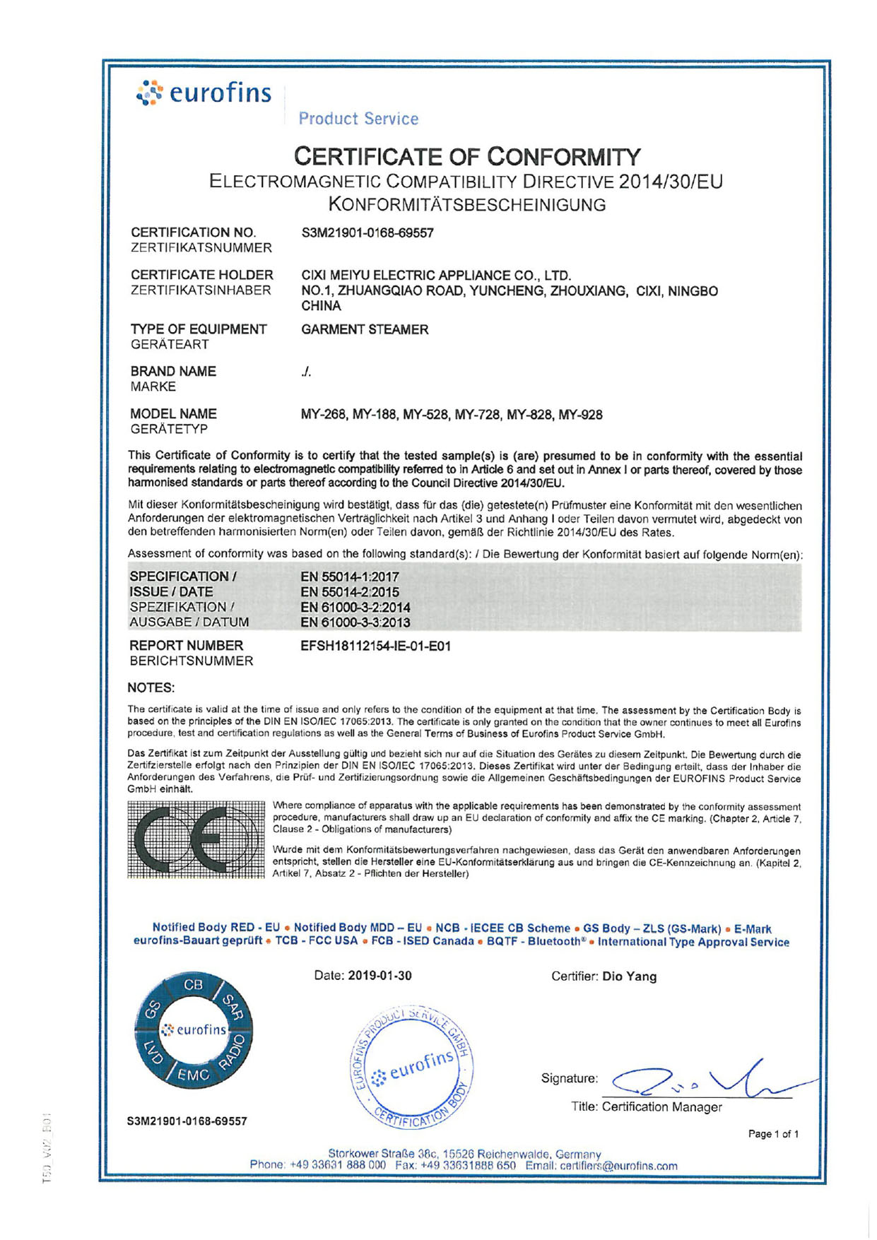 Certificato EMC S3M21901-0168-69557_EMC CoC Certificato EMC S3M21901-0168-69557_EMC CoC