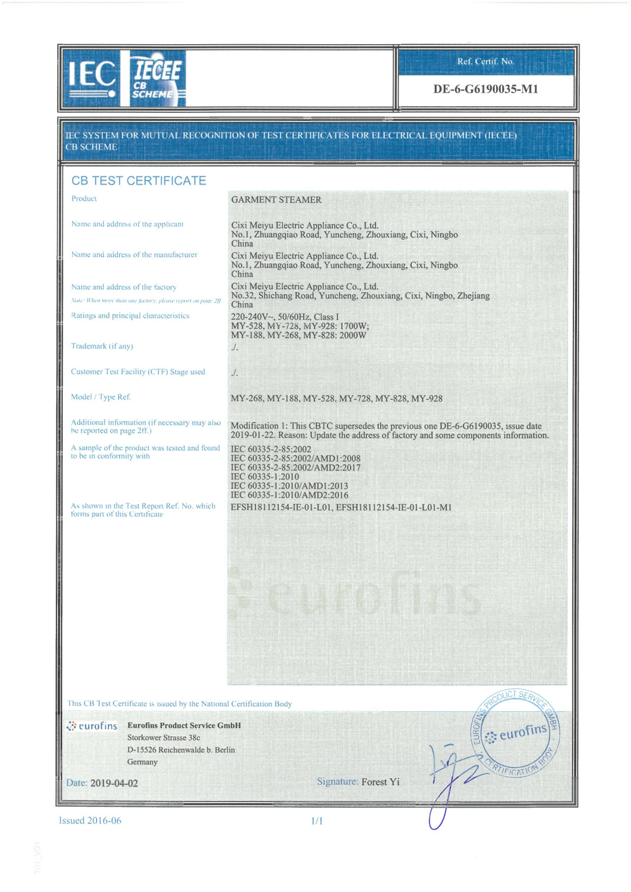 Certificato CB aggiornato Certificato CB aggiornato